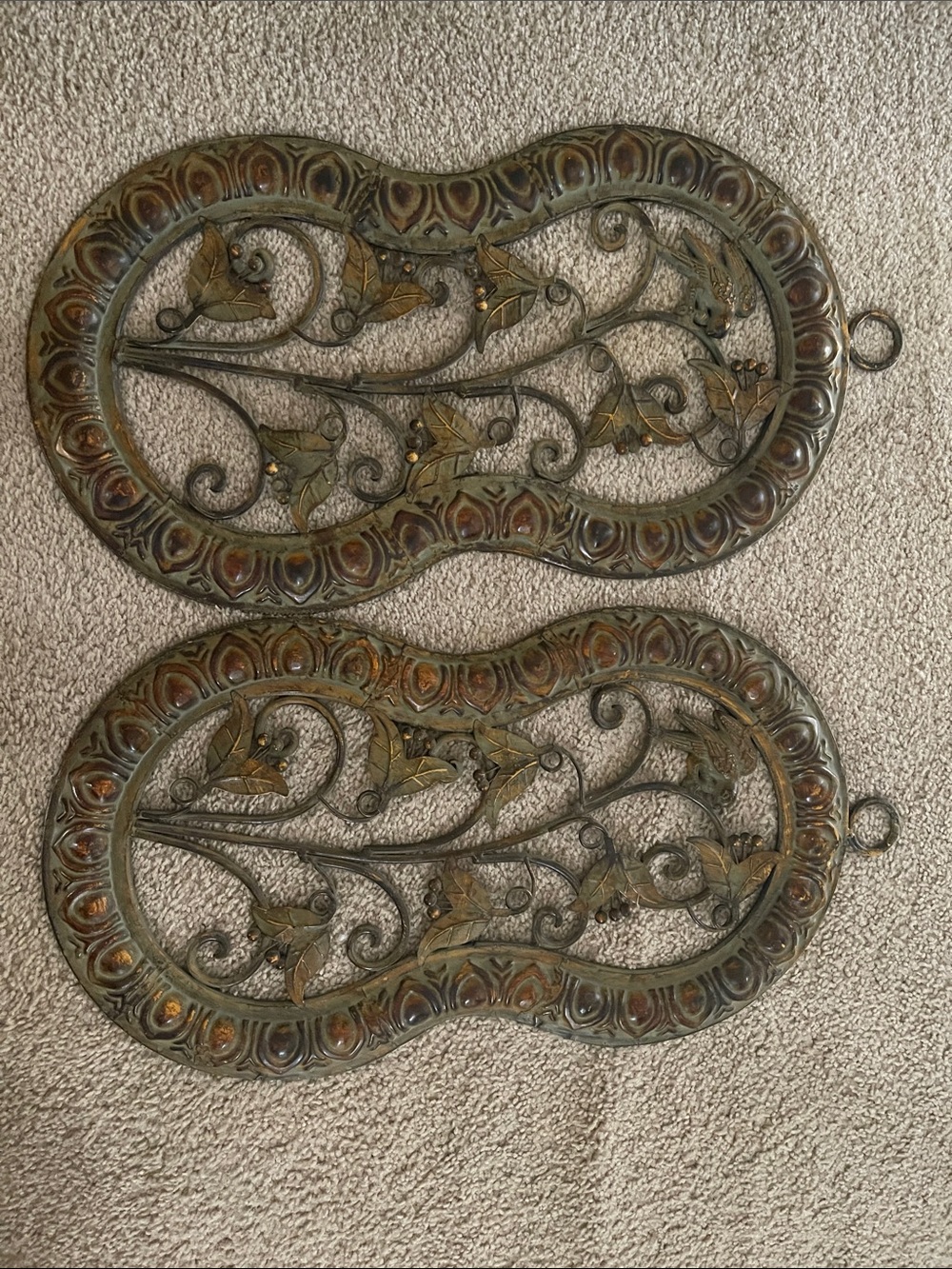 Ornate Metal Wall Accents in Antique Green and Gold - Set of 2